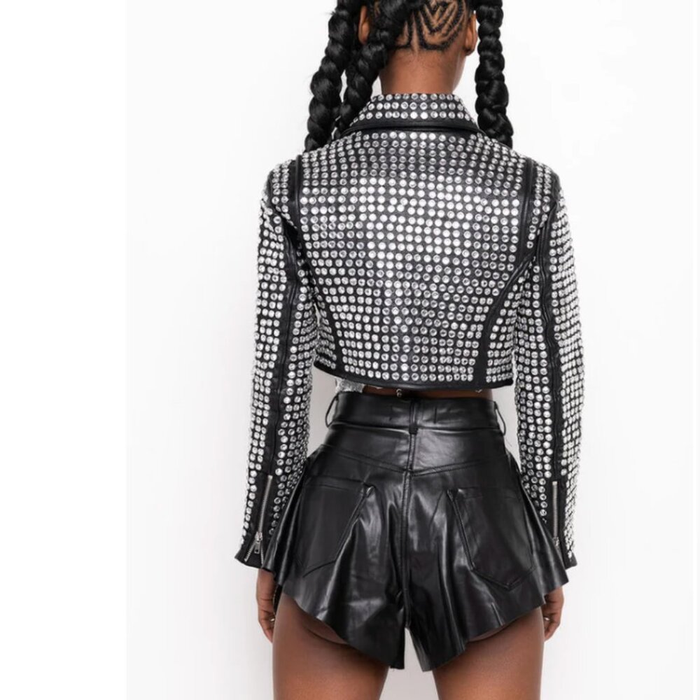 Callie Lives Xena 3006 Black AZALEA WANG 3000 Rhinestone Studded Moto Jacket ML - Picture 7 of 14